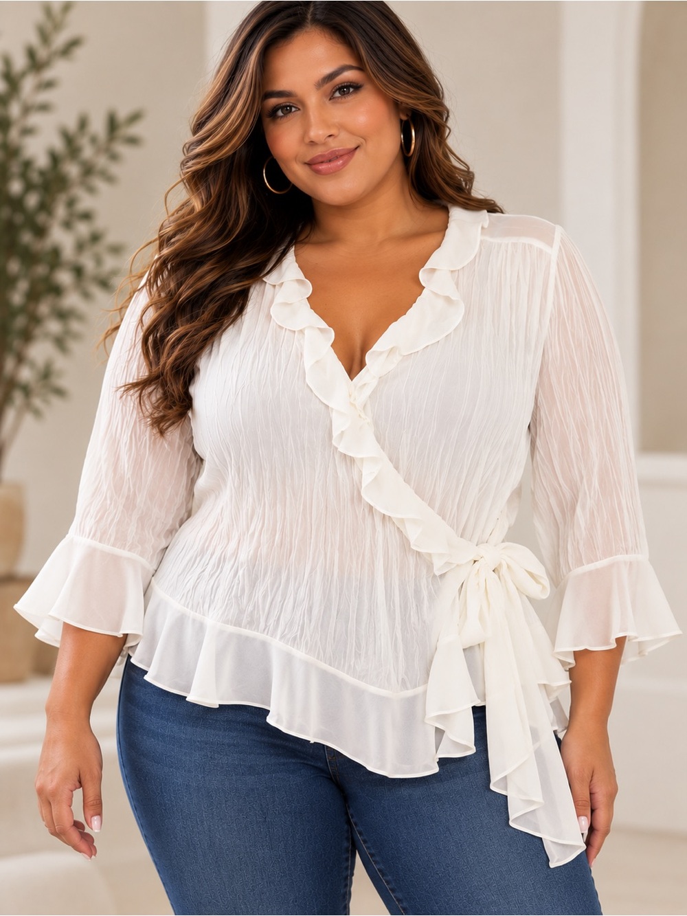 Ashley Stewart Ruffle Sheer Blouse in Cream Size XXL Like New